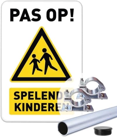 Bord Pas op spelende kinderen - Weerbestendig Aluminium - 30x45 cm - Bevestiging: Met paal 150 cm + paalbeugels + paaldop