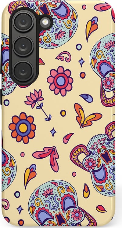 Casetastic hoesje geschikt voor Samsung Galaxy S23 - Dubbellaagse bescherming - Dia de los Muertos Doodshoofd Bloemen - Fashion Case - Crème Lila Zilver