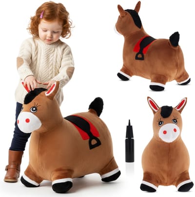 sun baby - Springdier met pomp vanaaf 1 jaar - Pluche paard - bruin - max 50kg, duurzaam rubber, gecertificeerd, bpa-vrij, springpaard, springhond