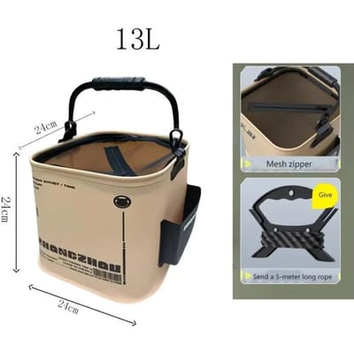 13L/8L Emmer Waterdichte Multifunctionele Opvouwbare Emmer met Ritssluiting Deksel Levendeaas Emmer Vis Container voor Vissen & Kunstaas Opslag 13L
