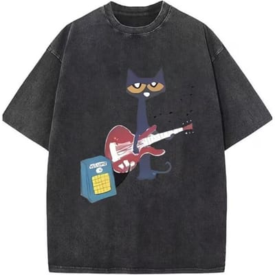 Vintage Gewassen Patroon T-shirt Vintage Mode Merk Korte Mouw Shirt, Zomer Casual Losse Pasvorm Ronde Hals Korte Mouwen Top L black