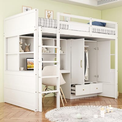 Pugsdrly Hoogslaper 90 x 200 cm, met ladder, met bureau en opbergruimte, met kast en lades, kinderbed, tienerbed, eenpersoonsbed, wit
