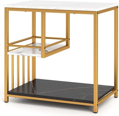 GIANTEX Bijzettafel met 3 niveaus, salontafel met marmeren nerf, frame van verguld metaal en opbergruimte, elegant nachtkastje met hoekbescherming en antislip voetjes