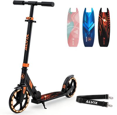 ALVIX Kinderstep zwart, opvouwbare step voor kinderen met 200 mm LED-wielen, draagriem, in hoogte verstelbaar stuur, breed deck, vanaf 6 jaar, tot 100 kg
