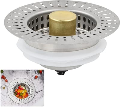 3-in-1 Afvoerstopper voor Wasbak, Keukenzeef en Pop-Up Afvoer, RVS Kom met Antiklever Zeef voor Gaten 76-81 mm
