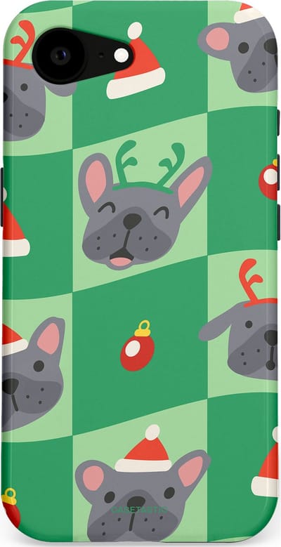 Casetastic hoesje geschikt voor Apple iPhone 16e / Apple iPhone 17e - MagSafe - Dubbellaagse bescherming - Schattige Kersthondjes - Fashion Case - Groen Grijs