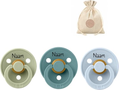 BIBS fopspenen met naam - 6-18 maanden T2 - Sage, Island sea, Baby blue