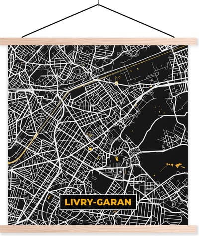 Posterhanger incl. Poster 40x40 cm - Schoolplaat - Livry-Garan - Plattegrond - Frankrijk - Kaart - Stadskaart - Textielposter - Blanke latten - Stadskaart