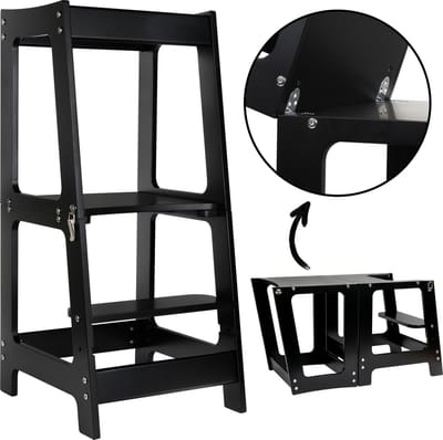 BYPLUIM Leertoren Opvouwbaar - Zwart- Montessori Leertoren - Kindertrap - Keukentrap - Kindertoren - Keukenhulp - Learning Tower Foldable - Opstapje - Inklapbaar- Leerstoel - Kindertafel - Speeltafel