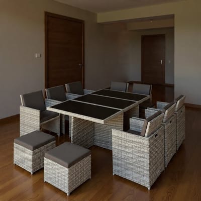 Polyrattan Tuinset 10 Personen – 7-delige Luxe Rattan Lounge Set met Tafel (Glasplaat) + 6 Stoelen + 4 Hockers – Inklapbaar & Aluminium Frame – 200x120 cm – Weerbestendig Balkon & Tuinmeubelen – Urbanhome