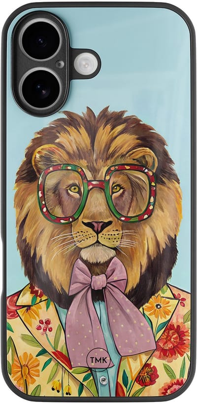 Hoesje geschikt voor Apple iPhone 16 - Retro leeuw - Multi, Blauw - TPU luxe case (glossy toplaag) - Print - Hardcase backcover zwart