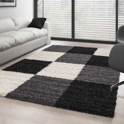 Hoogpolig vloerkleed met ruitpatroon, zwart-wit-grijs 60x110