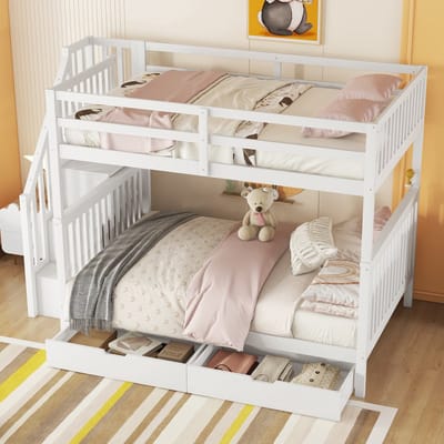 REDOM - Stapelbed met Trapkast – 140x200 cm – Met 2 Laden – Veiligheidshek – Van Grenenhout – Wit – Voor Kinderkamer