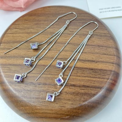 Boucles d'oreilles pendantes carrées cubiques à longue tige, boucles d'oreilles à franges, boucles d'oreilles clous simples à la mode pour femmes violet
