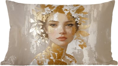 Sierkussens - Kussentjes Woonkamer - 60x40 cm - Gezicht - Vrouw - Bladeren - Goud