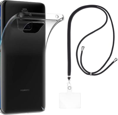 Set met hoesje en nekband voor huawei mate 20 pro - Flexibele, transparante TPU-bescherming, verstelbare universele nekband voor mobiele telefoons, zwarte nekband, transparante draagriem van Phonillico®
