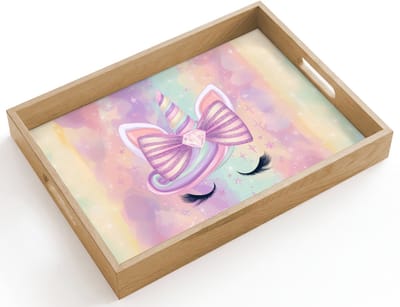 Dienblad hout 40x30 cm - Schootdienblad - Eenhoorn - Glitters - Regenboog - Pastel - Borrelplank rechthoek - Plateau dienbladen
