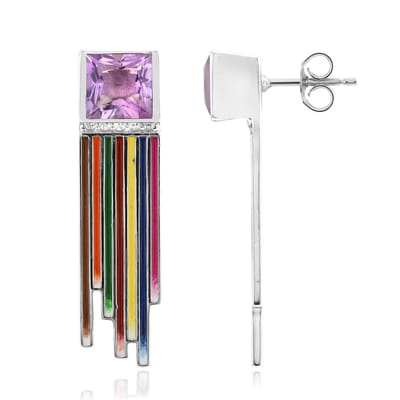 Cavill - 925 Sterling Zilveren Oorbellen - Lavendel Amethist 3,19 ct & 10 Zirkonia 0,19 ct - Princess Slepen - Modern & Luxe