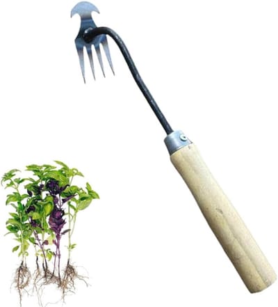 Handmatige Onkruidtrekker voor Tuin en Terras - 4-Tanden Grasschouwer met Houten Handvat