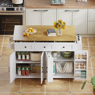 Kookeiland met opklapbaar werkblad, uitgerust met 5 vergrendelbare wieltjes, 4 deuren, 3 lades, deurrek, dubbele handdoekhouders, Barn style design, Wit, 140x43(70)x90.5 cm.