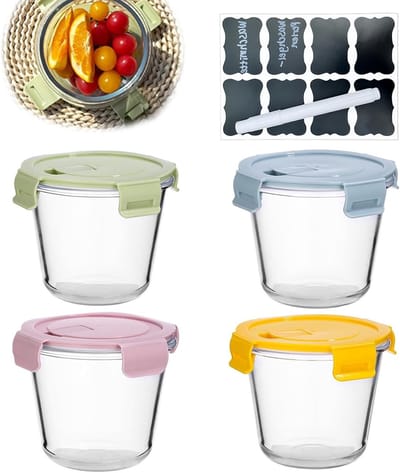 Set van 4 Glazen Soepcontainers van 720 ml met Luchtdichte Deksel en Etiketten - Ideaal voor Bewaren, Verwarmen en Serveren van Maaltijden in Magnetron en Vriezer