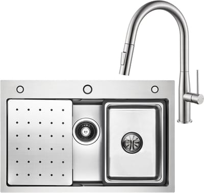 CECIPA max Spoelbakken met Kraangat 70x45 cm - Spoelbak Keuken Met Keukenkraan Met Uittrekbare Uitloop - Multifunctionele Spoelbak - Incl. Sifon en Afvoerzeefje - Gootsteen Voor Roestvrij staal