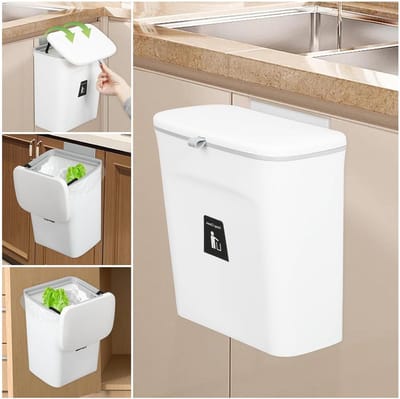 Compostbak - 24 gallons/9L vuilnisbak voor onder de gootsteen - hangende kleine prullenbak met deksel - voor badkamer/slaapkamer - compostemmer binnenshuis (wit)