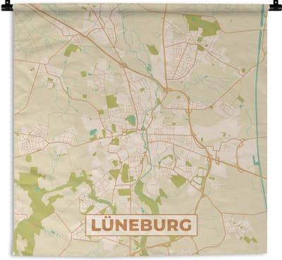Wandkleed - Wanddoek - Lüneburg - Plattegrond - Vintage - Kaart - Stadskaart - 180x180 cm - Wandtapijt