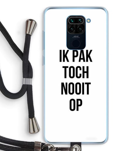 Case Company® - Hoesje met koord geschikt voor Xiaomi Redmi Note 9 hoesje met Koord - Ik pak nooit op - Telefoonhoesje met Zwart Koord - Bescherming aan alle Kanten en Over de Schermrand