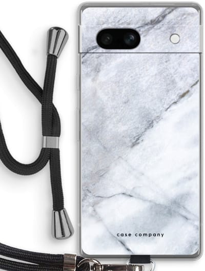 Case Company® - Hoesje met koord geschikt voor Google Pixel 7A hoesje met Koord - Witte marmer - Telefoonhoesje met Zwart Koord - Bescherming aan alle Kanten en Over de Schermrand
