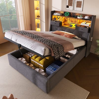 VVBV Gestoffeerd Opbergbed 90x200 cm - LED-Verlichting, USB-C Laadstation, 4 Lades, Opbergruimte - Linnen Grijs Zonder Matras
