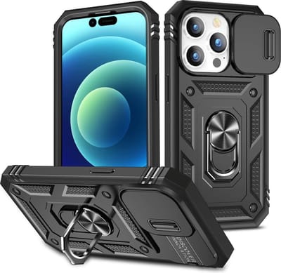 Coverup Hoesje - Geschikt voor iPhone 14 Pro Hoesje - Coverup Ring Kickstand Back Cover met Camera Shield - Zwart