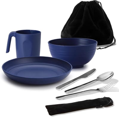 Complete Camping Mess Kit voor Reizen en Outdoor Activiteiten - Inclusief Bestek, Borden, Bekers en Essentiële Campingbenodigdheden voor 1 Persoon