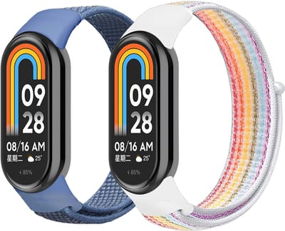 Stravo 2-Pack Nylon Bandjes – Geschikt voor Xiaomi Smart Band 10 (Xiaomi Mi Band 10) / Xiaomi Smart Band 9 (Xiaomi Mi Band 9) / Xiaomi Smart Band 8 (Xiaomi Mi Band 8) – Klittenbandsluiting – Ademend Sport Bandje – Regenboog & Blauw