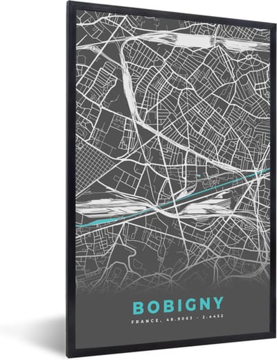Fotolijst incl. Poster - Kaart – Stadskaart – Frankrijk - Bobigny - Plattegrond - 40x60 cm - Posterlijst