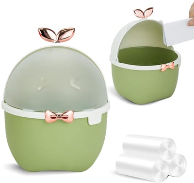 Mini Tafelprullenbak - Met Deksel, Kawaii Dierenontwerp en 3 Rollen Vuilniszakken - Voor Kinderkamer, Kantoor, Auto, Keuken en Badkamer - Groen, 19,5 x 15 x 15 cm