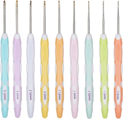 Ergonomische Haaknaalden Set van 9 Stuks, Klein Formaat, Ideaal voor Haken en Kantwerk, Comfortabele Grip voor Artrose, Lange Handgreep voor Precisiewerk