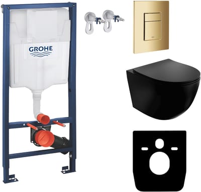 Inbouwreservoir Complete Toiletset Grohe Solido 39069000 - Inbouw WC Hangtoilet Wandcloset Sinto Black Mat Zwart - Bedieningsplaat Skate Cosmopolitan 38732GL0 Gouden - Voorwandelement