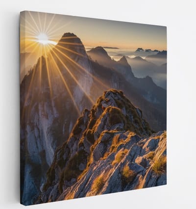 Saammp Canvas Schilderij -Bergtoppen met zonsopgang - Landschap - Natuur - 20x20 - Foto op canvas - Wanddecoratie - Muurdecoratie Woonkamer - Slaapkamer decoratie - Canvas Print