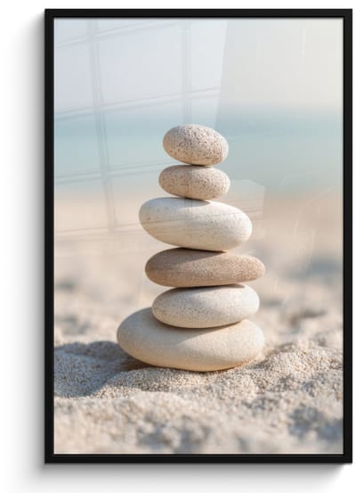 Poster in lijst - Fotolijst 80x120 cm - Posters - Stenen - Stapel - Zand - Zee - Posterlijst zwart - Decoratie - Wanddecoratie woonkamer - Muurdecoratie slaapkamer