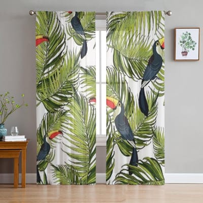 Toekan en palmtakken Transparant gordijn voor woonkamer slaapkamer Voile gordijnen voor raam Organza gordijnen Feest tule gordijnen 135W x 114H(cm)