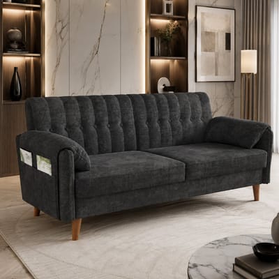 Bank - Tweezitsbank - 2-zits bank - Comfortabele zitbank - Ergonomisch - 161x79x83 cm - Met opbergtas - Met dik zitkussen - Met armleuningen - Chenillestof - Bankpoten van massief hout - Geschikt voor slaapkamers en kleine ruimtes - Donkergrijs