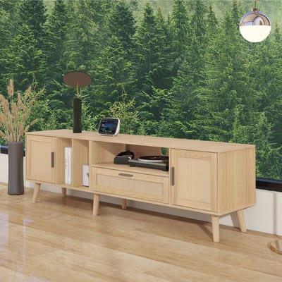 DESMIU Televisiemeubel - Met Rotan Deuren En Lade - Opbergruimte Voor Woonkamer En Grote Televisie - Spaanplaat - 180 Cm - Eikenkleur