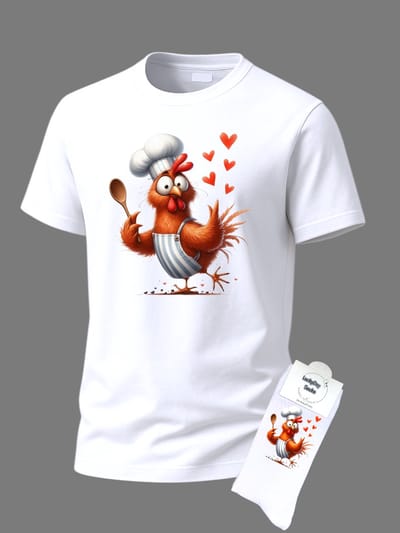 Valentijn cadeau - Kok - Kip - Giftset - Hartjes - T-shirt Liefde - Cadeau set shirt met sokken - Speciaal cadeau - Grappig cadeau voor vrouw en man - Valentijnsdag - T-shirt voor dames en heren - Maat XXL