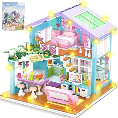Roze Kattenhuis Bouwstenen - Droomvilla Architectuur - Creatief Spel - Met LED Licht - 730 Stuks - Roze