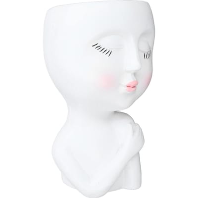 Pot de Fleurs Visage Fille Yeux Fermés Résine Haute Densité Trou de Drainage Pot de Plante Tête Polyvalent pour Bureau Jardin blanc