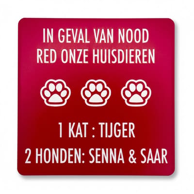 Huisdierenbord Noodgevallen – Gepersonaliseerd Waarschuwingsbord – Signalisatie voor Huis of Deur of Raam