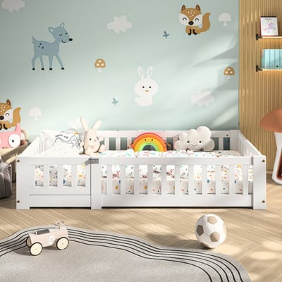 Kinderbed 120x200 cm Wit – Massief Grenenhouten Bedframe met Lattenbodem en Valbeveiliging – Stevig Eenpersoonsbed voor Kinderkamer