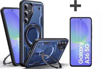 Hoesje Geschikt voor Samsung Galaxy A36 met 2 Stuks gehard glas Screenprotectors - Armor hoes met Ringhouder - Arara backcover - Navy