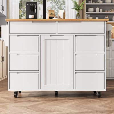 MODFU Keukeneiland - Uitklapbaar Werkblad En 8 Lades - Modern - Voor Keuken Of Eetkamer - MDF - Wit - 122 x 74,5 x 91,5 cm